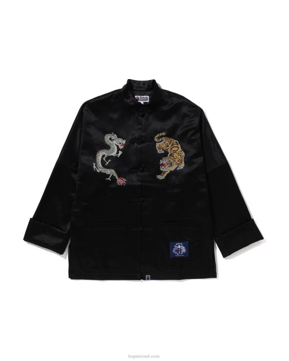 שָׁחוֹר A Bathing Ape 644LV113 גברים מעיל חרסינה בגזרה רופפת במוטיב יפני