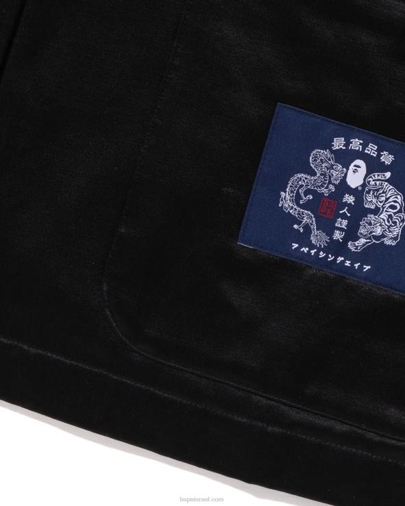 שָׁחוֹר A Bathing Ape 644LV113 גברים מעיל חרסינה בגזרה רופפת במוטיב יפני