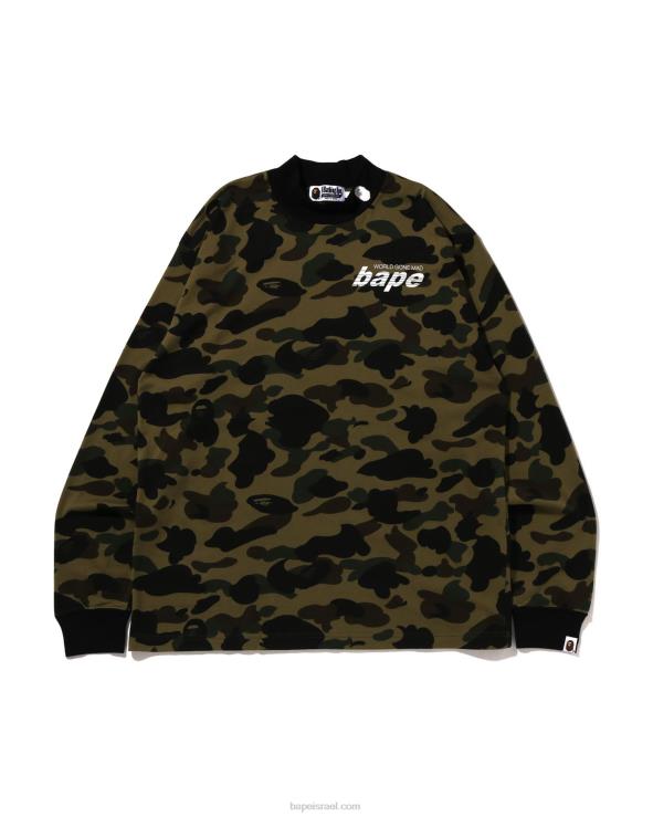 צבא ירוק A Bathing Ape 644LV140 גברים חולצה רגועה עם צווארון מדומה ראשון