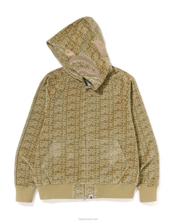 בז' A Bathing Ape 644LV226 גברים לוגו מונוגרמה קטיפה כריש קפוצ'ון מלא עם רוכסן