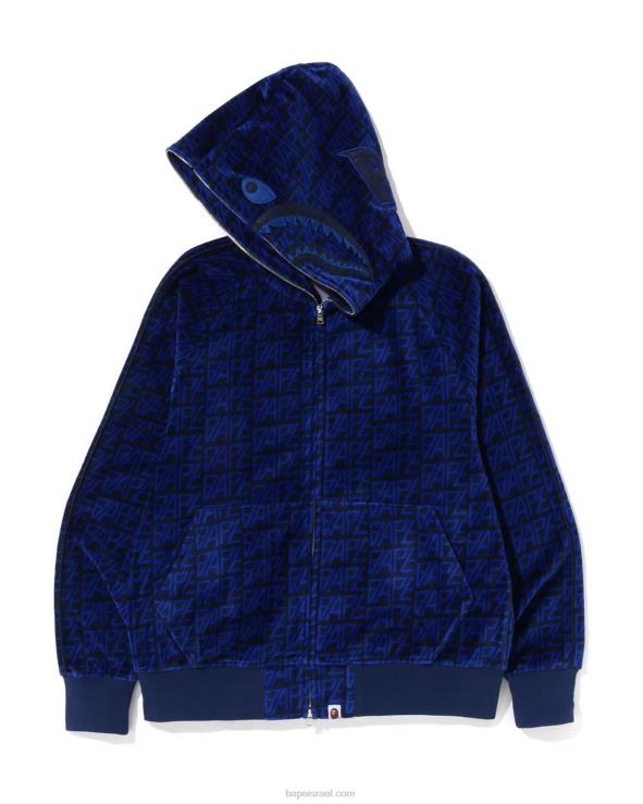 כחול כהה A Bathing Ape 644LV227 גברים לוגו מונוגרמה קטיפה כריש קפוצ'ון מלא עם רוכסן