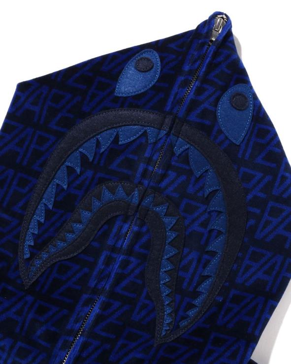 כחול כהה A Bathing Ape 644LV227 גברים לוגו מונוגרמה קטיפה כריש קפוצ'ון מלא עם רוכסן