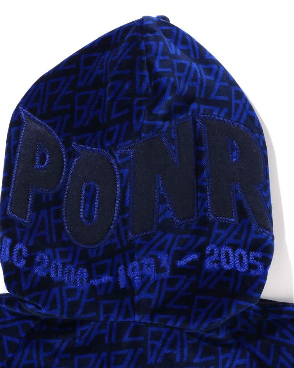 כחול כהה A Bathing Ape 644LV227 גברים לוגו מונוגרמה קטיפה כריש קפוצ'ון מלא עם רוכסן