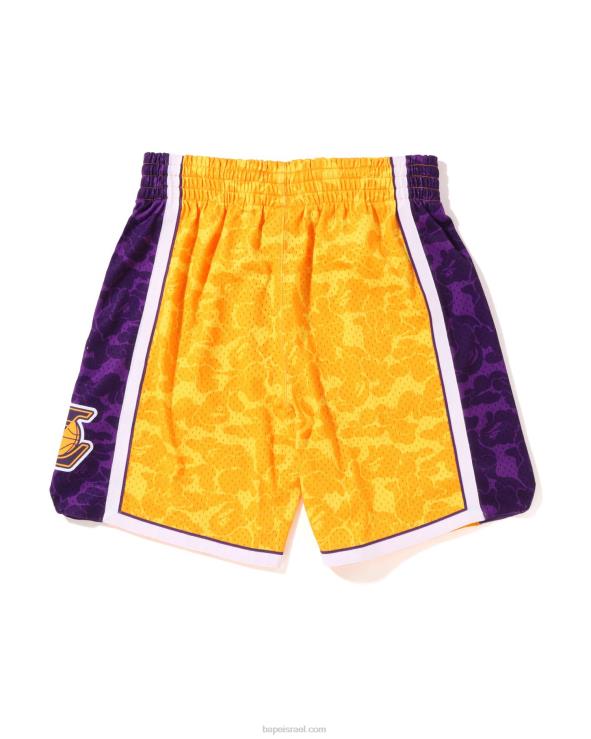 צהוב A Bathing Ape 644LV362 גברים מכנס ג'רזי קצר של x m&n לוס אנג'לס לייקרס