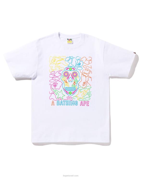 לבן A Bathing Ape 644LV379 גברים טי גולגולת מקסיקני ניאון ליל כל הקדושים