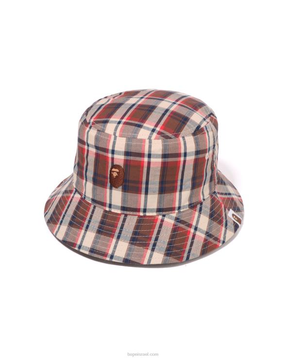 אדום בהיר A Bathing Ape 644LV599 גברים כובע דלי צ'ק מיני
