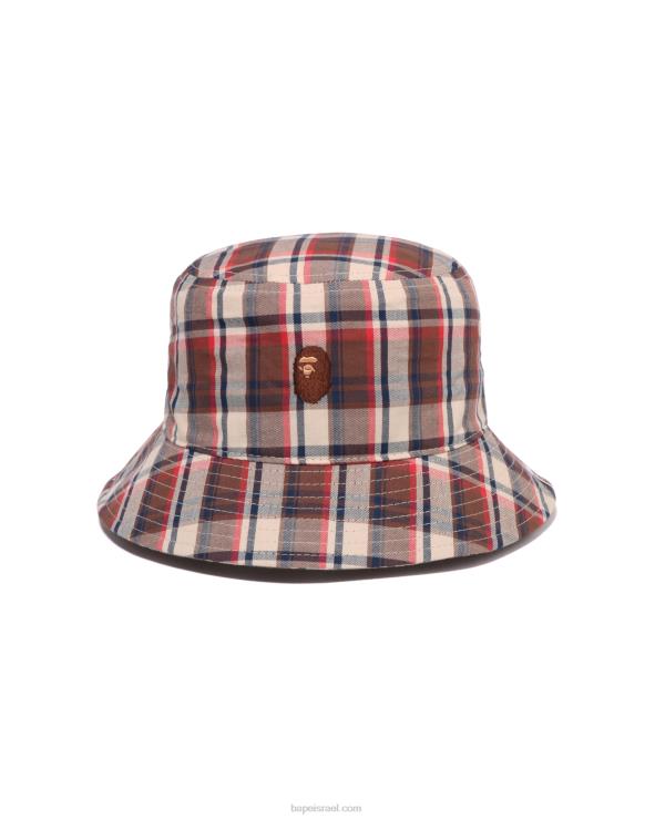 אדום בהיר A Bathing Ape 644LV599 גברים כובע דלי צ'ק מיני